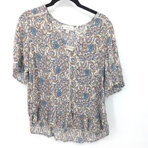 Lucky Brand Paisley Blouse Womens Large Cream Casual Boho V-Neck Crochet Cottage